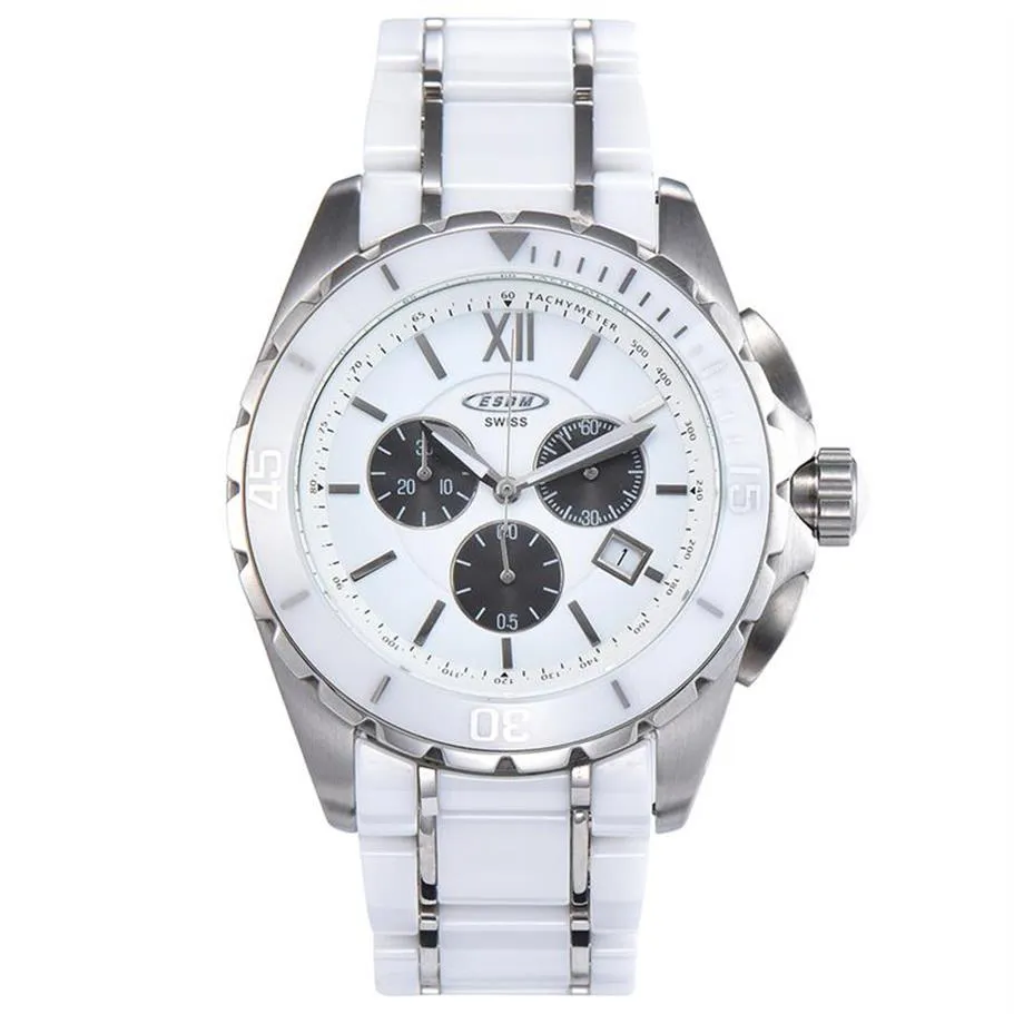 New Men Quartz Watch White Ceramic Two-tone Stainless Steel Back Dial Silver Hands chronograph2442338N