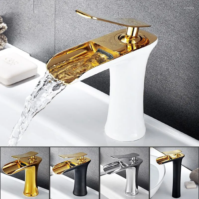 Torneiras para pia de banheiro com cascata torneira de latão branco e ouro preto e frio