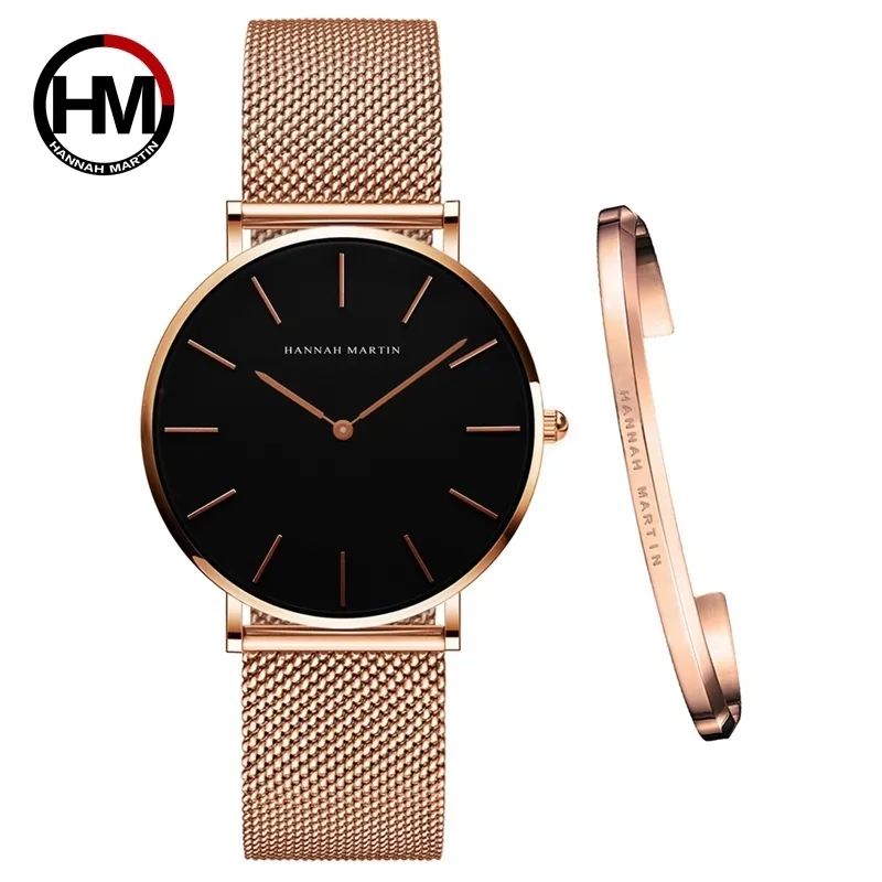 Armbandsur 2023 Kvinnliga armband Watch 1 Set Japan Quartz Movement Simple Rose Gold Rostfritt stål Mesh Studentur Relogio Feminino 230713