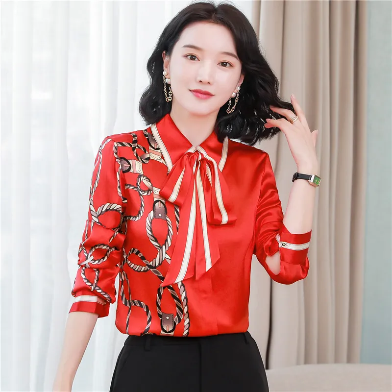 2023 Dames Designer Gebloemd Overhemd Met Hals Strik Grote Maten Elegant Lange Mouw Kantoor Dames Runway Zijden Knoop Shirts Lief Meisje Chique Satijnen Blouses Rood Tops