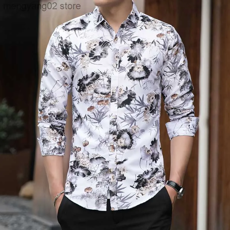 Men's Casual Shirts LIFENWENNA Spring Men's Shirt New Fashion Chinese Style Print Long Sleeve Shirts Men Casual Flower Beach Hawaiian Shirt 6XL 7XL T230714