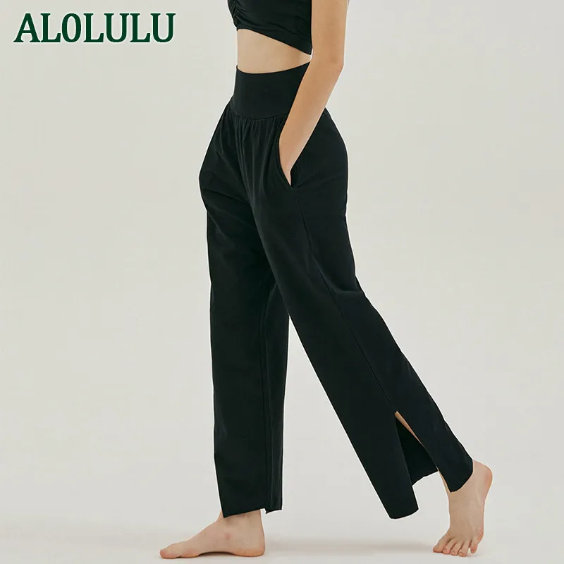 Al0lulu Fitness Sports Pants Wide Leg Belt Pocket Breattable Loose Yoga Pants