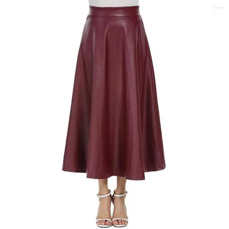 Skirts PU Faux Leather Womens Spring Autumn High Waist Long Pleated Skirt Ladies Black Casual Solid Party Maxi Jupe Femme