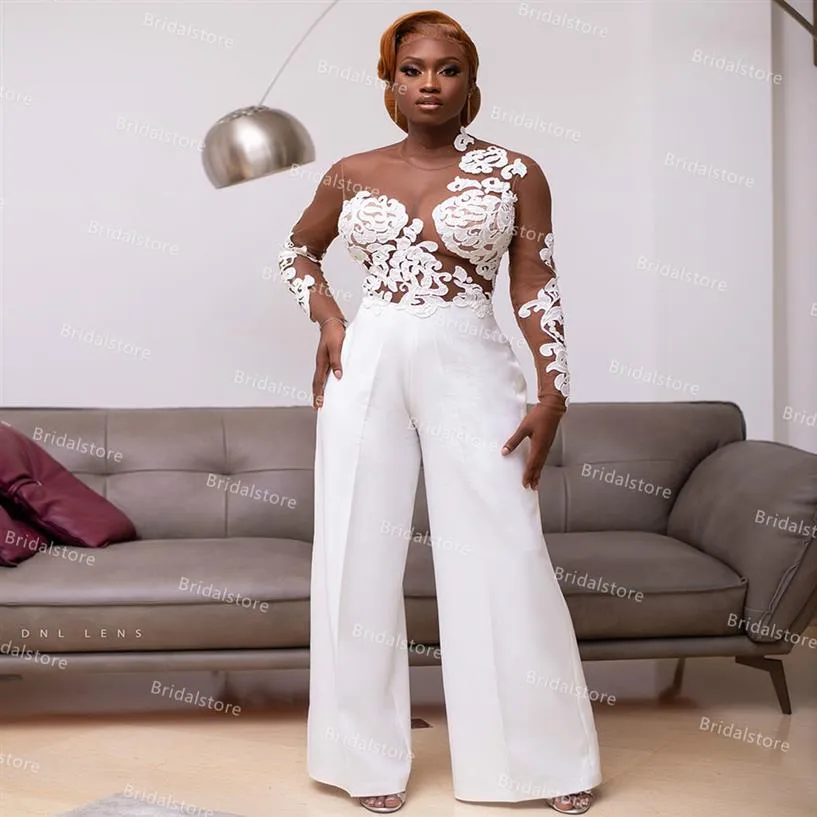 Nigeria Afrikanisches Overall-Hochzeitskleid mit langen Ärmeln, sexy, durchsichtiges Oberteil, Spitze, Hosenanzug, Satin, böhmischer Strand, Brautkleider, Bac227f