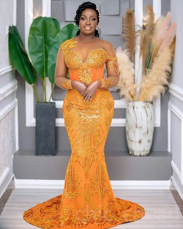 Aso Ebi Orange Rermaid Prom Prom Prom Sequined Lace Formal Formal Party Second Prespeption Grentle Gotensing Gowns Dress Robe de Soiree ZJ736 0424