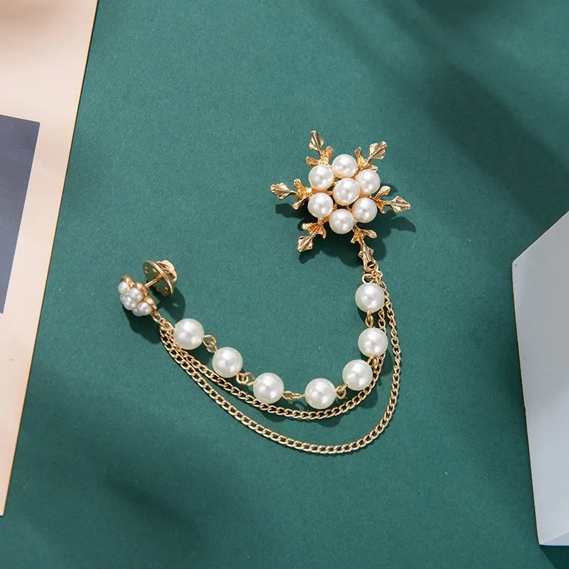 Pins Brooches Elegant Pearl Snowflake Chain Tassels Brooch Fashion for Women Pin Jewelry 230714