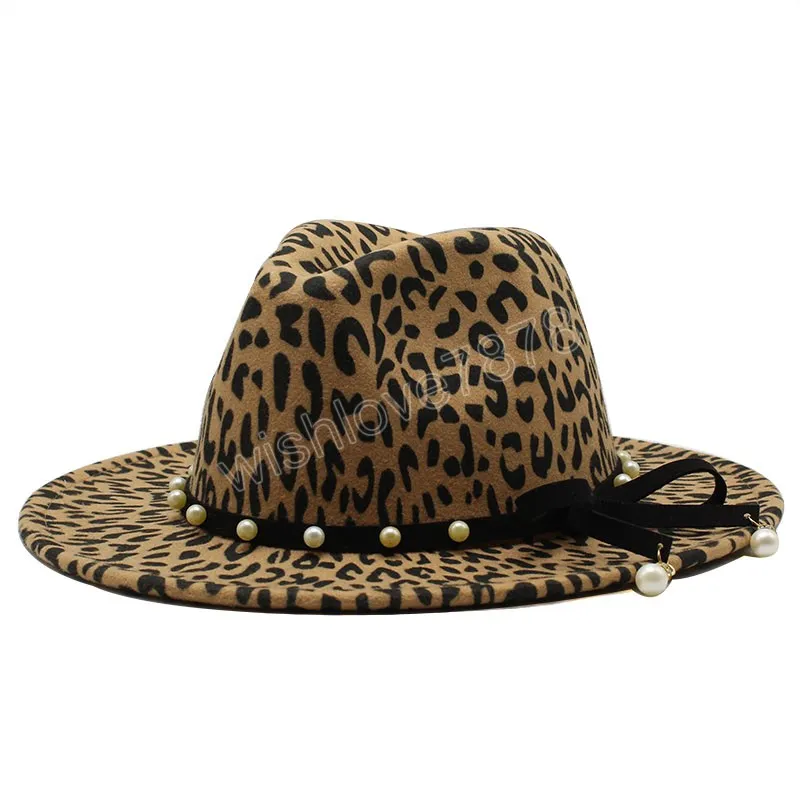 Mens Jazz Fedora Hats Gentleman Cotton Winter Women Leopard print pearl Aba larga Top Hat Chapeau Femme