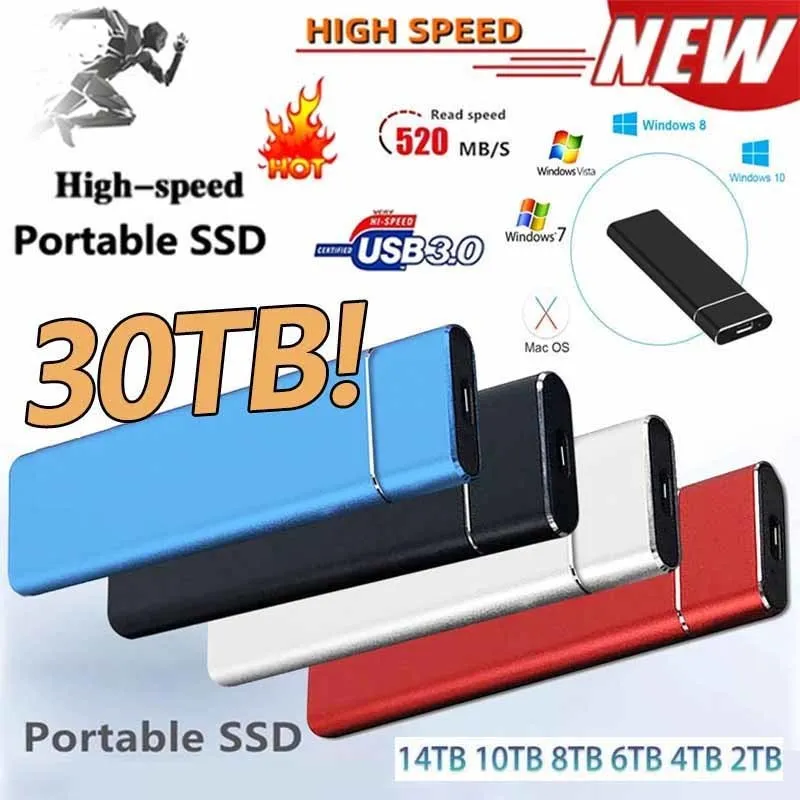 Sabit Sürücüler 60TB SSD Orijinal Sabit Sürücü 30 TB Yüksek Hızlı Harici Mobil Katı Hal Sürücüsü Taşınabilir USB 3.0 Dizüstü Bilgisayar Mac Defter 230713