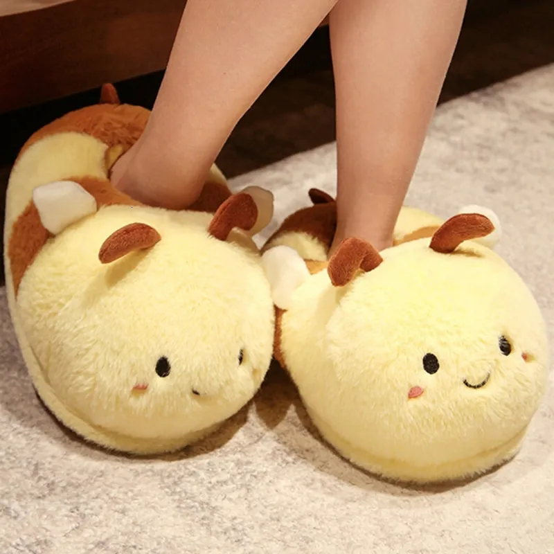 Slippare Home Slippers Cartoon Bee Modeling Design White Warm Adult Lady Plush Head Silent Indoor Floor Women Fun Tisters 230713