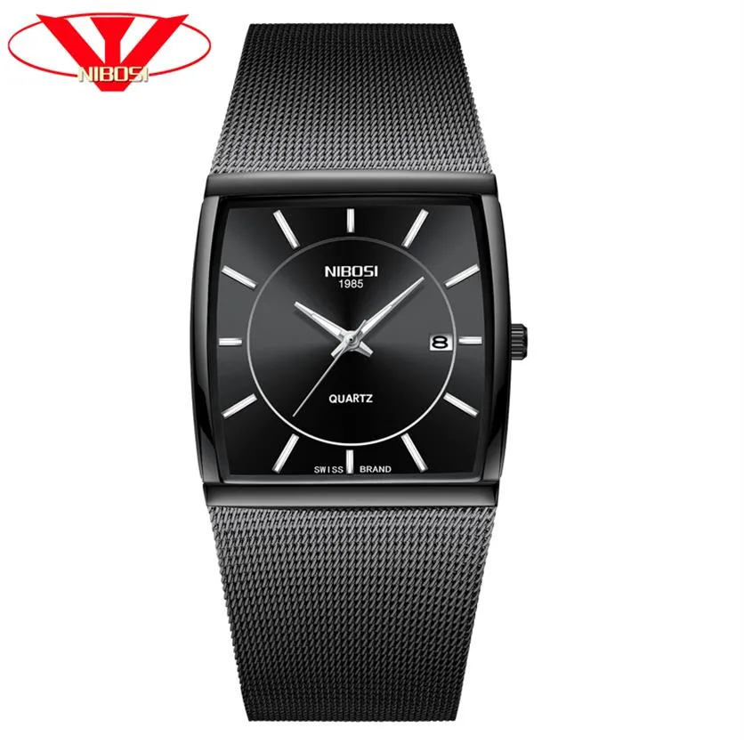 NIBOSI Creative Brand Luxury Mens Square Quartz Watch Male Waterproof Date Clock Stainless Steel Mesh Business Men Wrist Watch276z