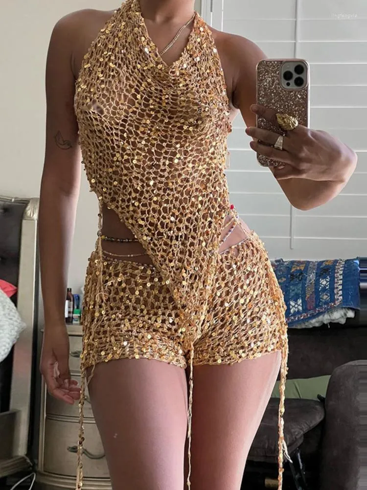 Survêtements pour femmes paillettes deux pièces ensemble short et haut 2023 été mode tricoté hauts à capuche taille haute femme fête Clubwear tenues