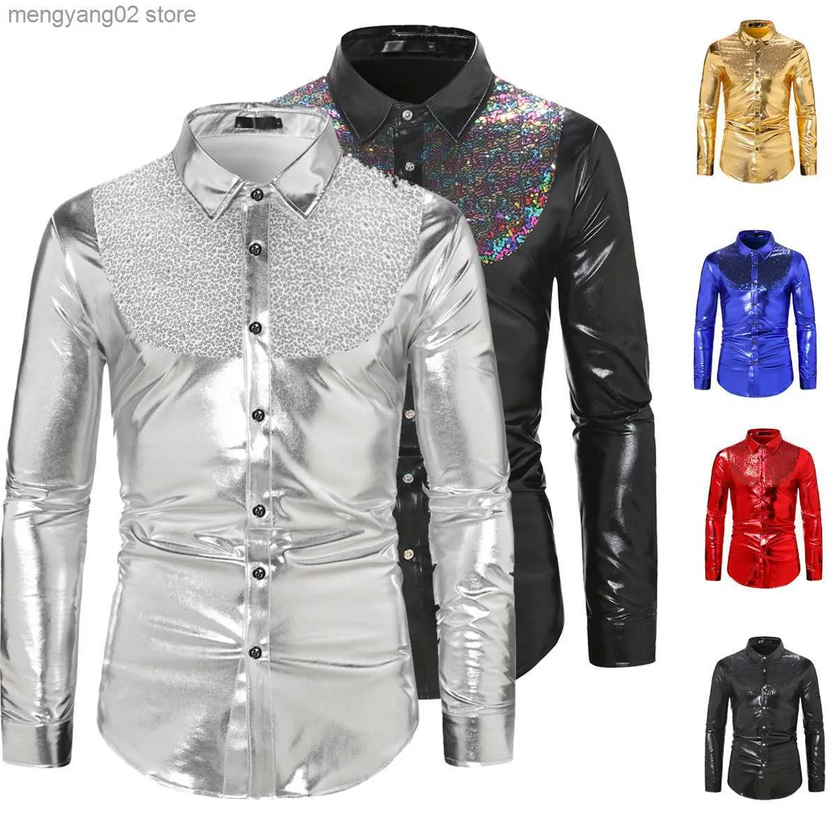 Vrijetijdsoverhemden heren Paillettenhemd met lange mouwen Bruiloft Feest Nachtclub Disco Dance Come Glanzend T-shirt Slim Button Top Club Party Come T230714