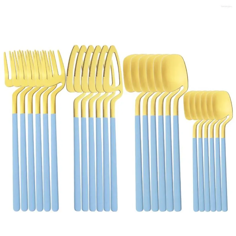 Обеденный посуда наборы Ajyous 24pcs Blue Gold Set Neansale Steel Fork Fork Spoon столовые столовые приборы матовая кухня Западное серебристого серебра