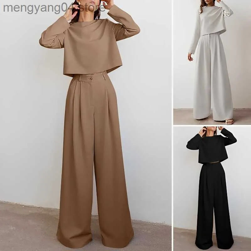 Kvinnors tvåbitar byxor Kvinnors byxa set pendlare Brown Fashion Korean Long Sleeve Cotton Two Piece Set Spring Autumn Vintage Classic Palazzo Pants T230714