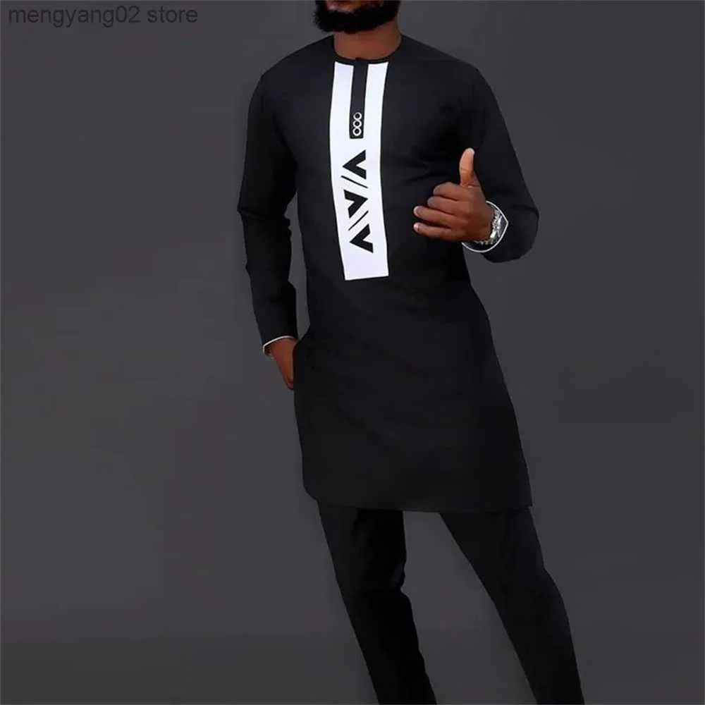Men's Tracksuits 2023 Elegant Men's New Suit Shirt Trousers 2-piece Set Long-sleeved Suit Round Neck Solid Color Social African Ethnic Style T230714