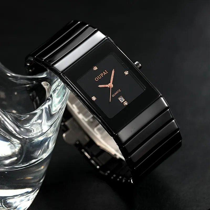 Oupai Old Fashion Black Ceramic Rectangle Watch Men Busines