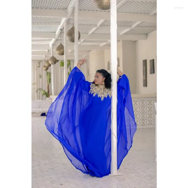 Etnische kleding Royal Blue Marokkaanse kaftan Arabische slijtage Abaya Maxi handgemaakte kralen lange jurk