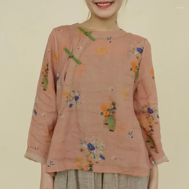 女性用ブラウス中国のスタイルのシャツとトップス女性向けの高品質のo-neckナインスリーブプレートボタン2023秋のヴィンテージラミーミュージャー