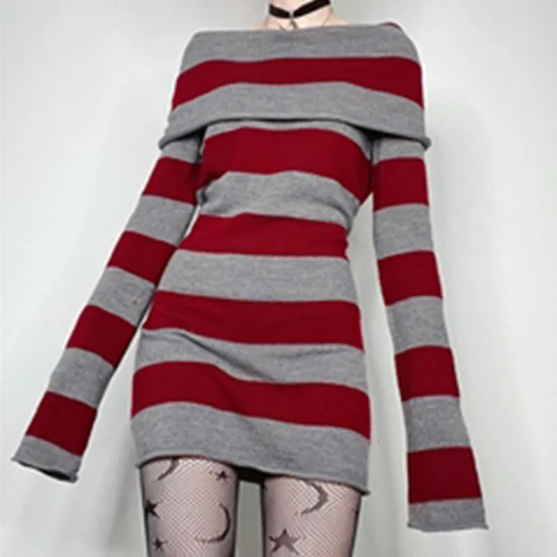 Y2k Striped Striped Sweater Women Mini Dress - Chic Bodycon Style with Off-Shoulder Full Sleeves and Slim Fit - Perfect for Goth and Punk Women -