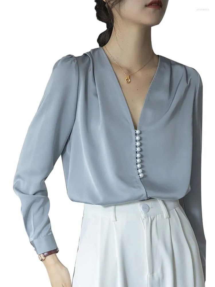 Blusas femininas primavera 2023 camisa azul primavera botão pérola francês manga longa outono versátil decote em v cetim drop top blusa feminina retrô