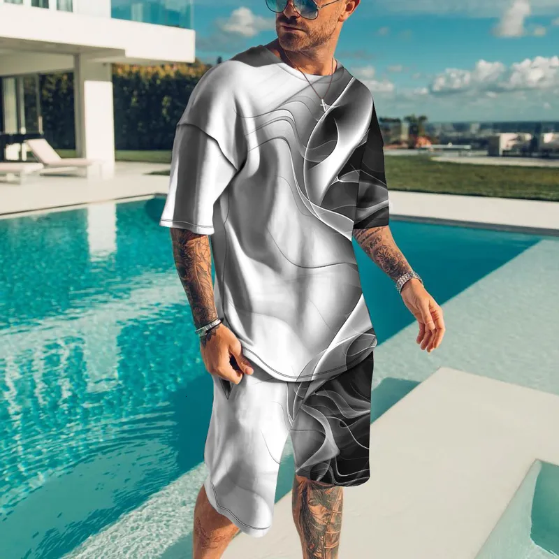 Ensemble Sport Homme Été 2 Pièces - T-Shirt Manches Courtes + Short - Survêtement Décontracté Plage Fitness