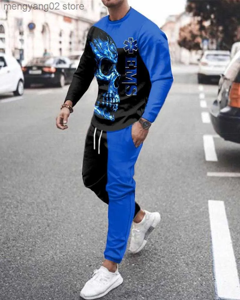 Tute da uomo Set da uomo Tuta T-shirt a maniche lunghe Pantaloni 2 pezzi Teschi Lettera Abiti casual Abbigliamento primaverile Streetwear Tuta da uomo da jogging T230714