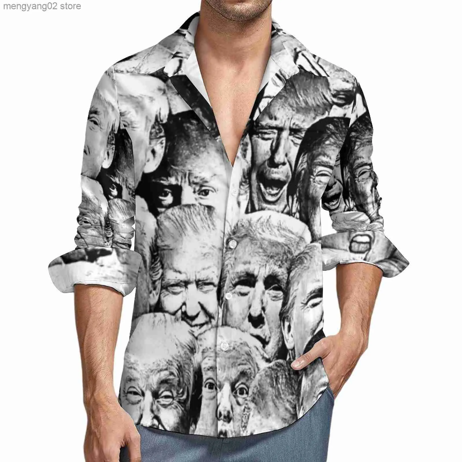 Camisas casuais masculinas Camisa engraçada com estampa de meme Spring Trump Colagem Camisas casuais Moda masculina Blusas de manga comprida Roupas estéticas personalizadas Tamanho grande 4XL T230714