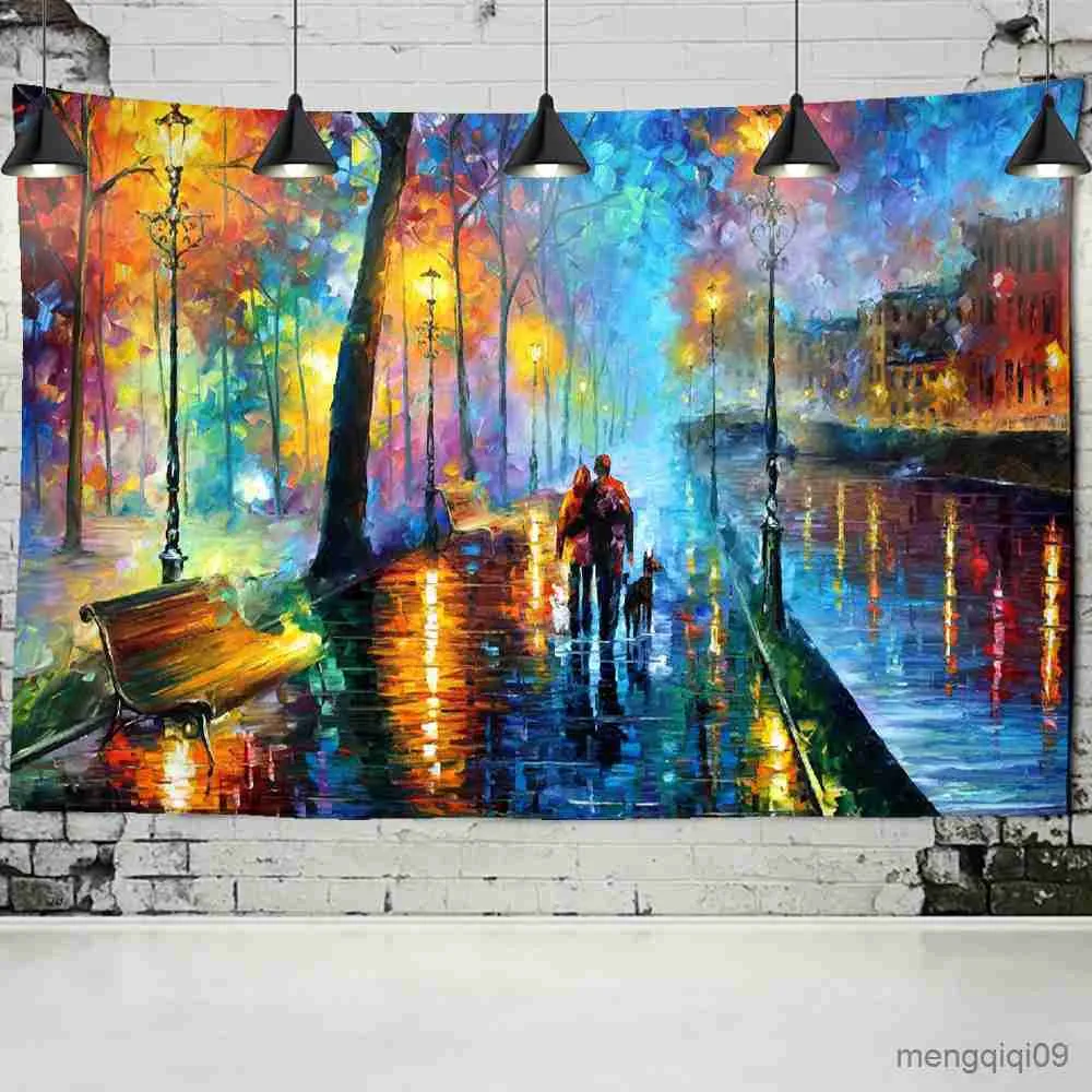 Tapissries Dome Cameras Valentine's Day Gift Tapestry Van Gogh Oil Målning nattvy vägg hängande romantisk kärlek par boho zigenare heminredning tapestry r230714