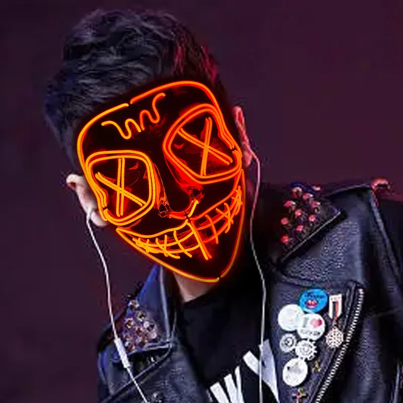 Bastões de luz LED Halloween Double X Luminous Mask Flashing Blood Horror Led Neon Party Face Full Cosplay Costume Accessories 230713