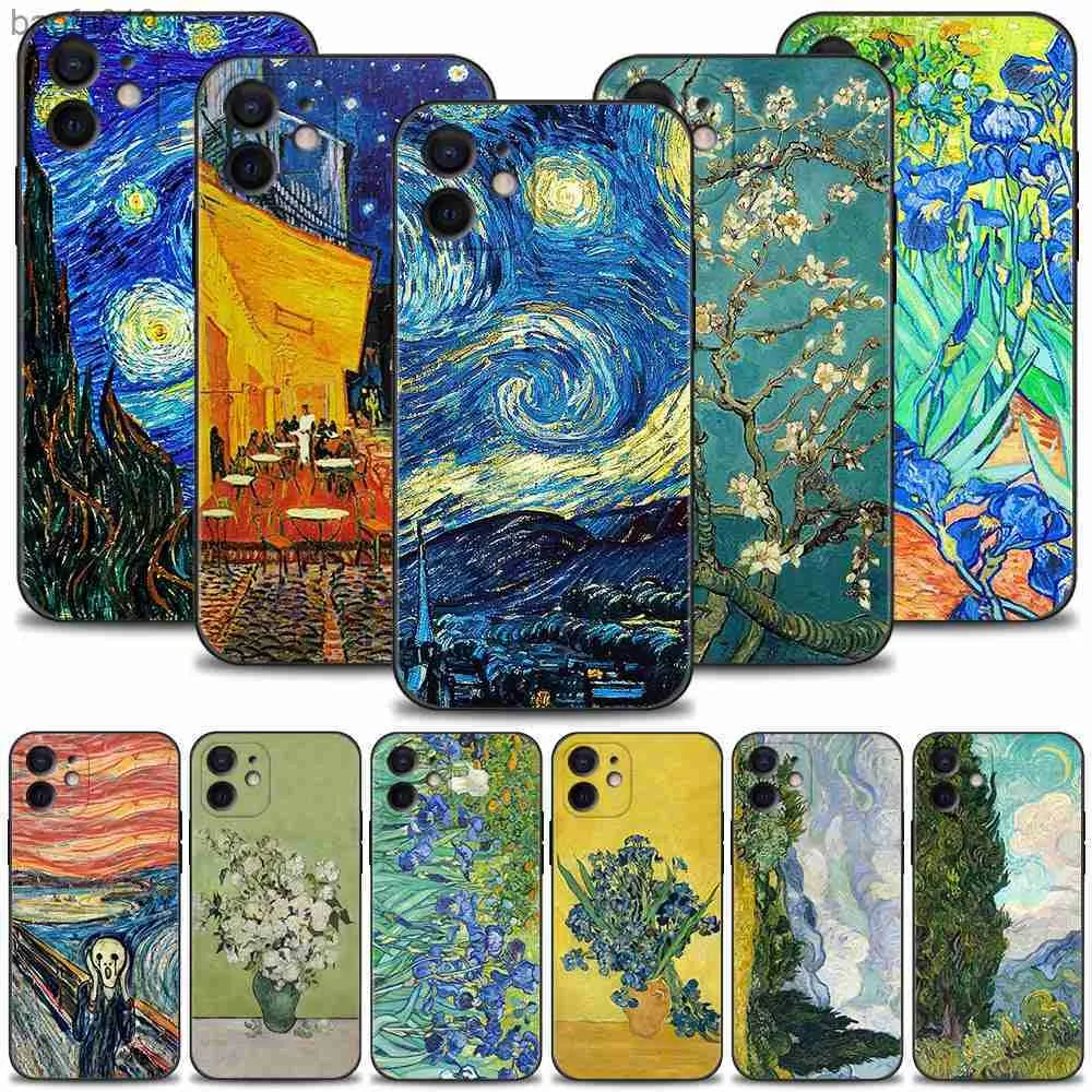 Telefonfodral för iPhone 14 13 12 11 Pro Max XS Max XR X 7 8 Plus 12 mini 6s Silicone Black Shell Van Gogh Starry Sky Art L230619