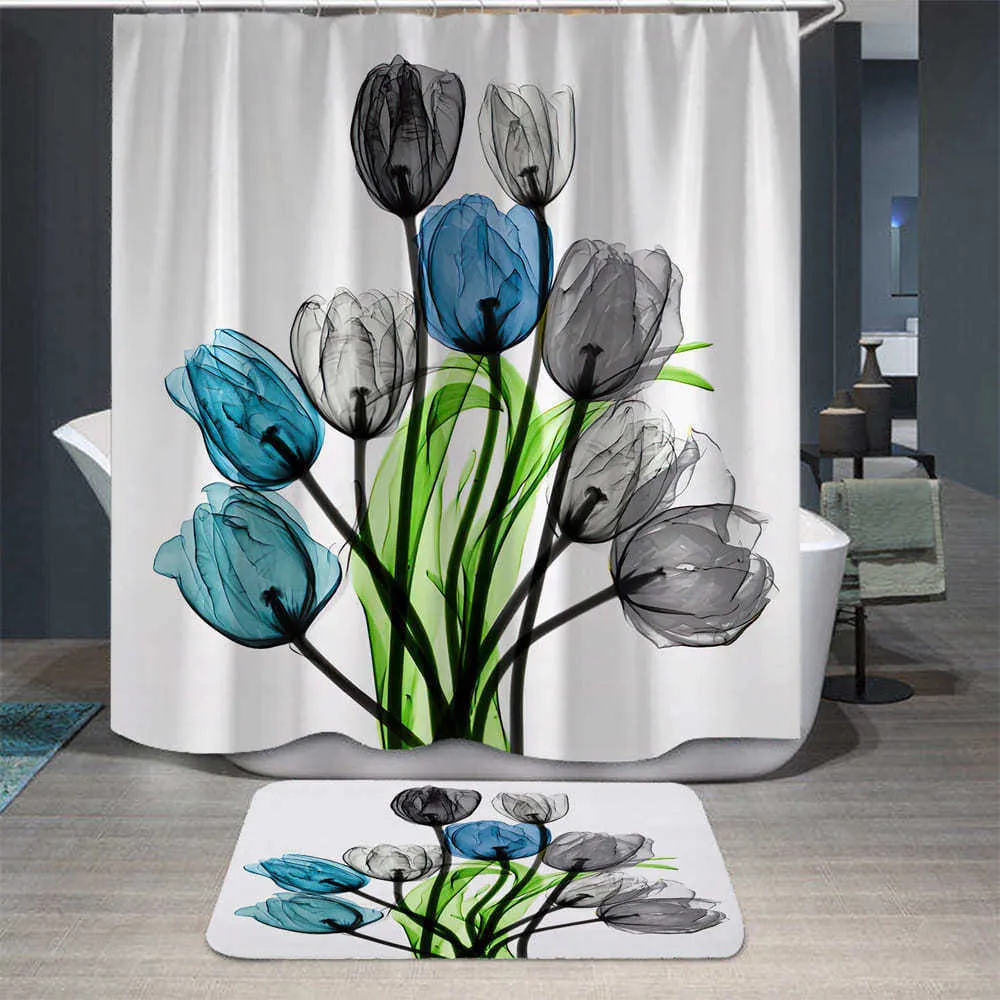 Duschvorhänge, Tulpen, Lotusblumen, Bäume, Polyester, wasserdicht, Duschvorhang, 3D-Badevorhang aus Polyestergewebe mit Haken, Tintengemälde-Dekor
