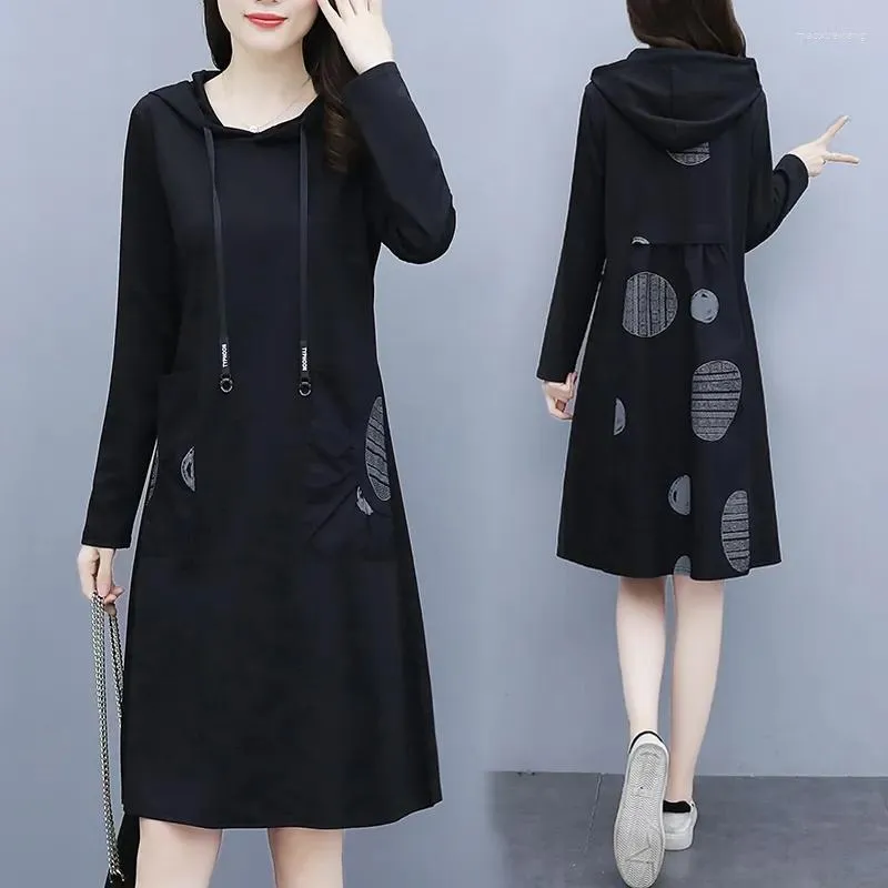 Casual Dresses Fat Sister Large Size Hooded Dress Female 2023Spring Autumn Loose Vestidos Slim Hidden Belly Long Sweatshirt Women's