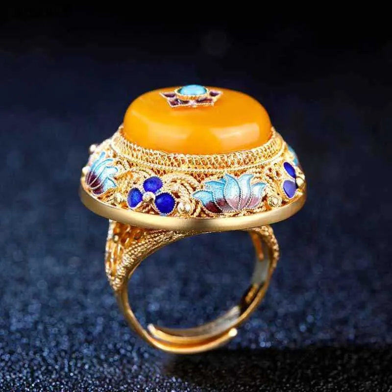 Древнее золотое мастерство натуральное желтое халцедонское лотос эмалевые кольца для женского стиля в стиле женского стиля роскошные украшения L230704