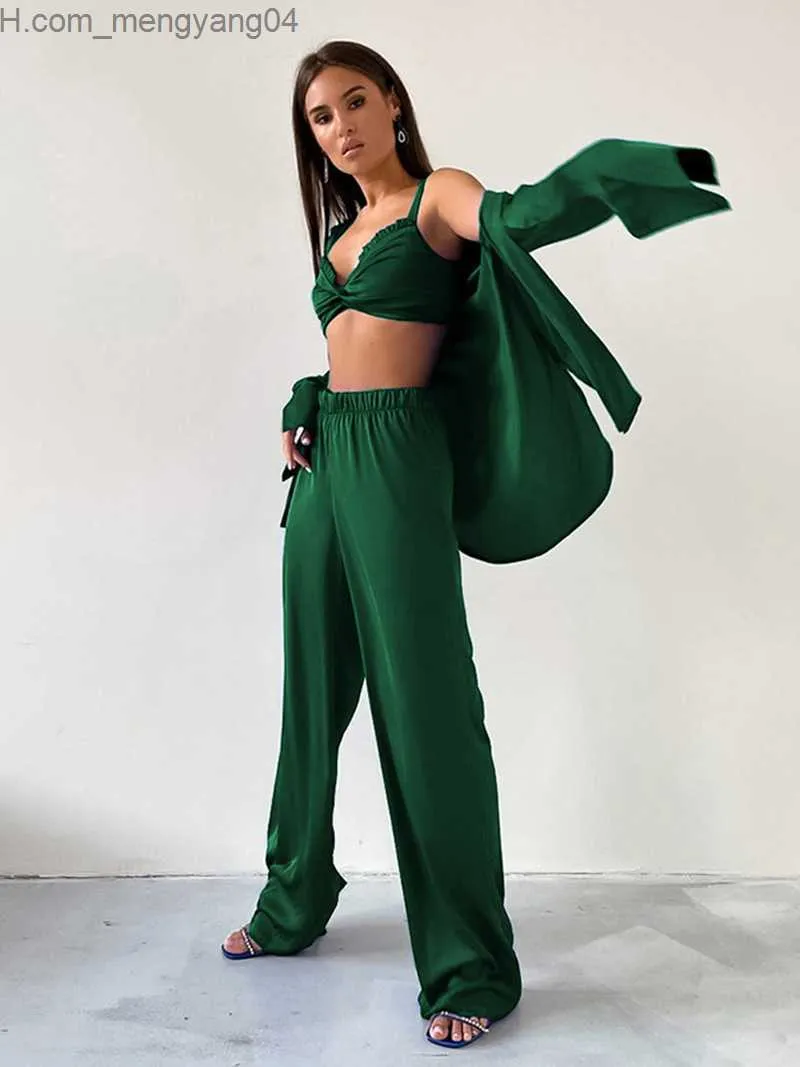 Elegant Satin Two Piece Set For Women Casual Long Sleeve Panelled Green  Shirt Matching Pant And Pants Suit For Summer Loose Fit Outfit Style  #230214 From Buyocean04, $12.28