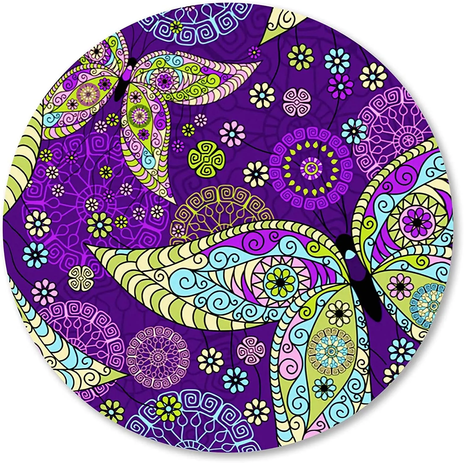 Purple Butterfly Mandala Round Mouse Pad Vintage Flower Pattern Round Small Mouse Pads Non-Slip Rubber Base Mouse Pad for Laptop