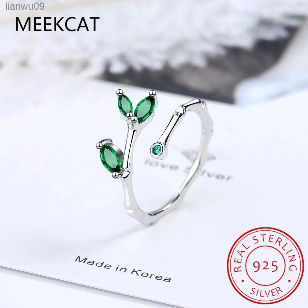 Luxueux New Fine Jewelry Ring Real 925 Sterling Silver Leaves Emerald Green Slub Open Rings Pour Femmes Anillos BC040 L230704