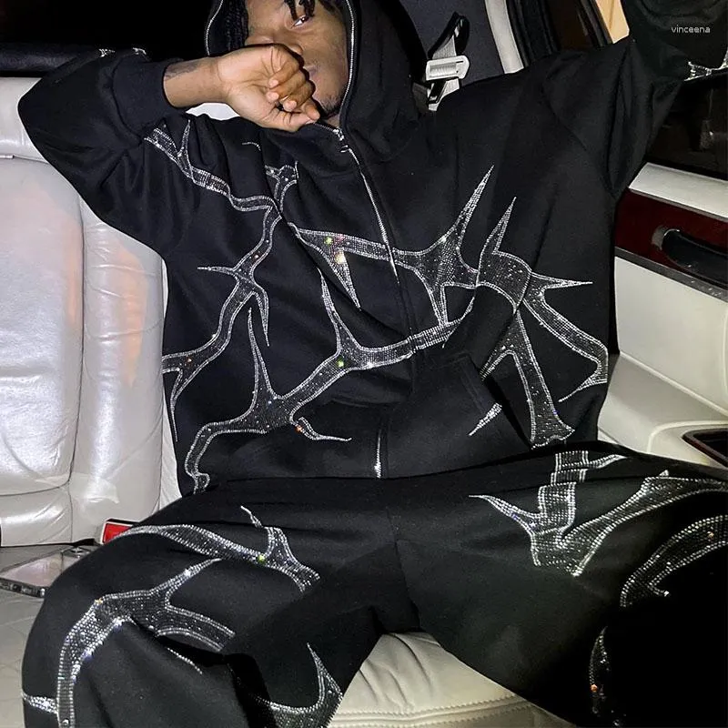 Mens Rhinestone Ironed Diamond Zip Up Graphic Zip Up Hoodie