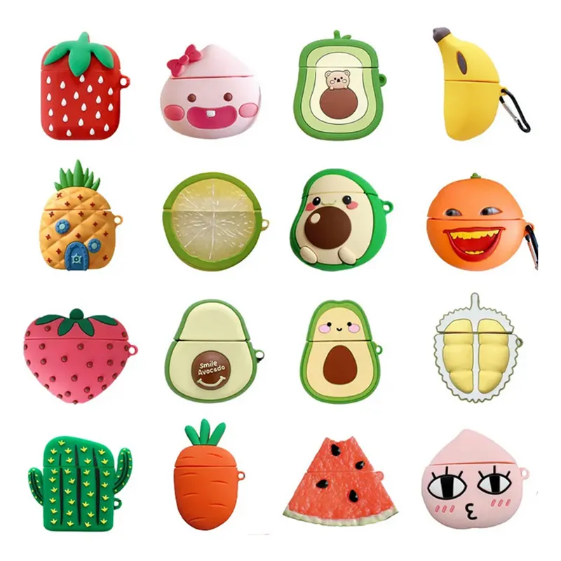 ل Apple Airpods 1/2 3 Pro Pro 2 Case 3D Cuto Cartoon Fruit Strawberry Peach Avocado Banana Sivel Silicone Ayphone Factions