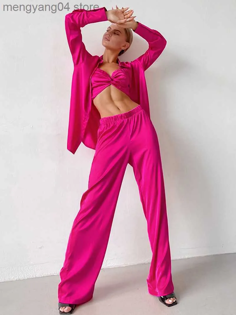 レディースツーピースパンツ2022夏の女性エレガントシルクパンツセットソリッド衣装