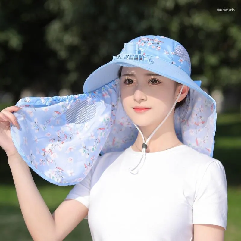 Chapeaux à large bord femmes chapeau de soleil avec ventilateur été casquette de protection solaire casquettes de Protection UV en plein air coupe-vent voyage cyclisme masque facial châle