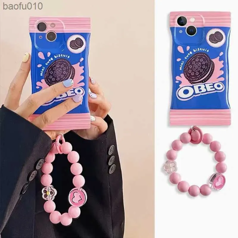 Strawberry Flavored Biscuit Phone Case For iPhone 14 13 12 11 Pro XS MAX XR 7 8 Plus SE 2020 Silicone Cover With Chain L230619