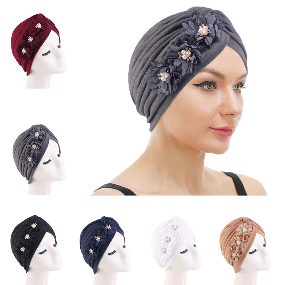 Fiore indiano Perla Perlina Turbante Pieghettato Interno Cappello Hijab Donna Chemio Cap Musulmano Foulard Berretti Cofano Perdita di capelli Turbante Mujer