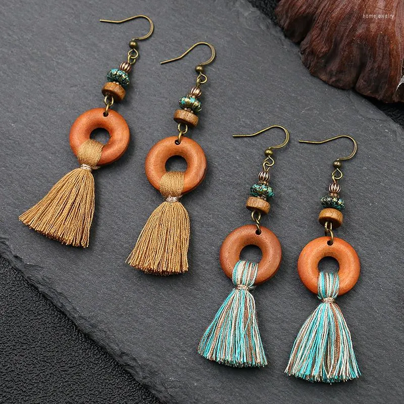 Dangle Oorbellen Etnische Stijl Zomervakantie Sieraden Voor Vrouwen Boheemse Retro Antieke Ronde Houten Kraal Kwastje