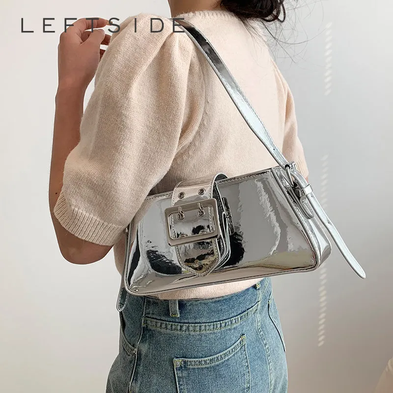 Sacs de soirée LEFTSIDE Silver Shouder Sacs pour femmes Printemps Y2K Petit sac à main Brillant PU Cuir Marque de luxe Femme Underarm Sacs à main Rose 230713