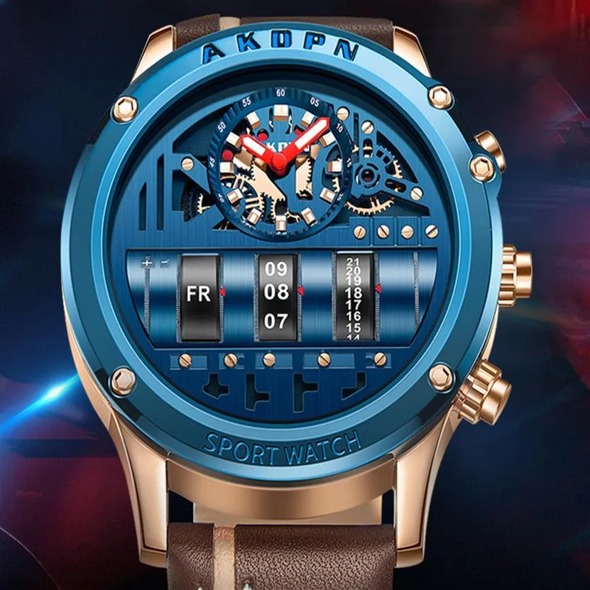 Akdpn Quartz 스포츠 시계 DOMIC BIG DIAL 고품질 가죽 스테이프 기능 남성 시계 중공 디자인 빛나는 달 주 캘린더 269R