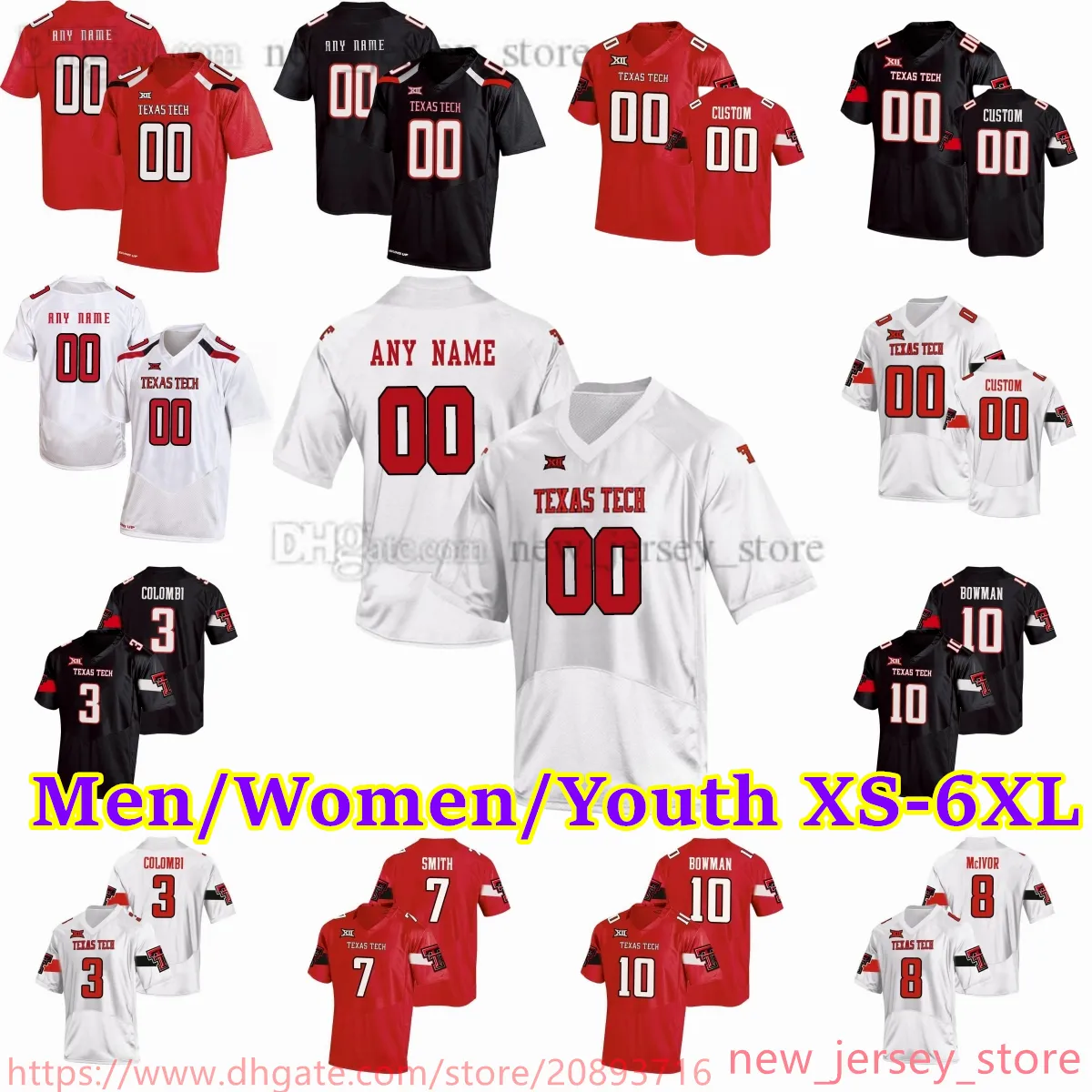 2023 Anpassad S-6XL NCAA Texas Tech TTU Football Jersey 0 Seth Collins 5 Patrick Mahomes II 8 Maverick McIVor 3 Henry Colombi 7 Donovan Smith