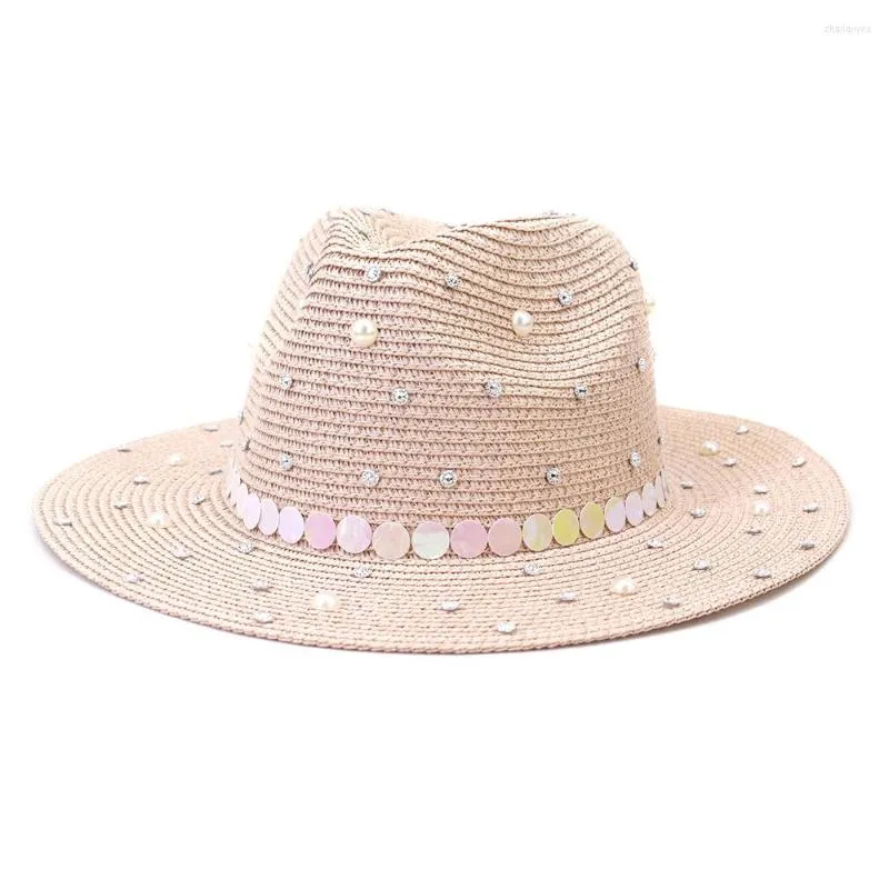 Berets Women Summer Sequins Straw Hat Flat Top Brim Outdoor Leisure Sun Sunshade Sunshade Beach