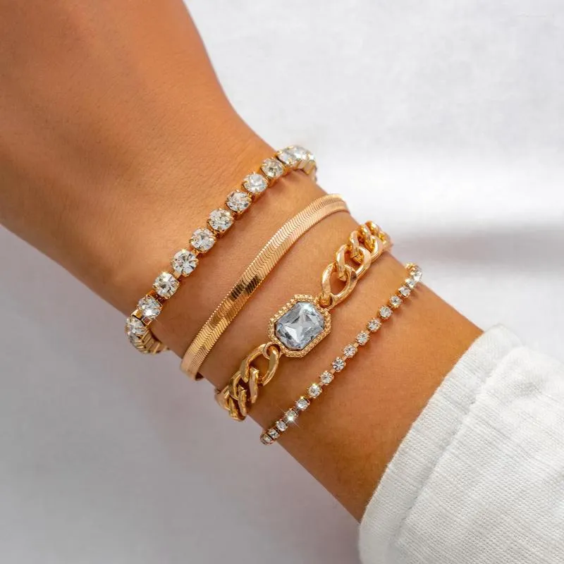 Bracelets porte-bonheur 4 pièces/ensemble Vintage or Tennis pour femmes plaqué géométrique luxe blanc cristal dame manchette chaînes bijoux