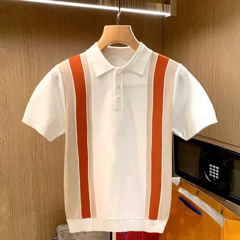 Men's T-Shirts Luxury Knit Polo Shirt British Striped Short Sleeve Slim Fit Polos Business T Shirt High Quality T-Shirt for Men Streetwear L230715