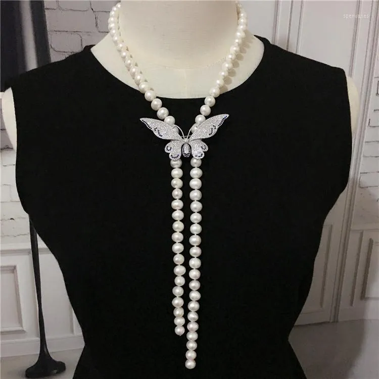 Chains Hand Knotted 7-8mm Nearly Round Natural White Freshwater Pearl Necklace Long Sweater Chain Butterfly Accessories Fashion Jewelry
